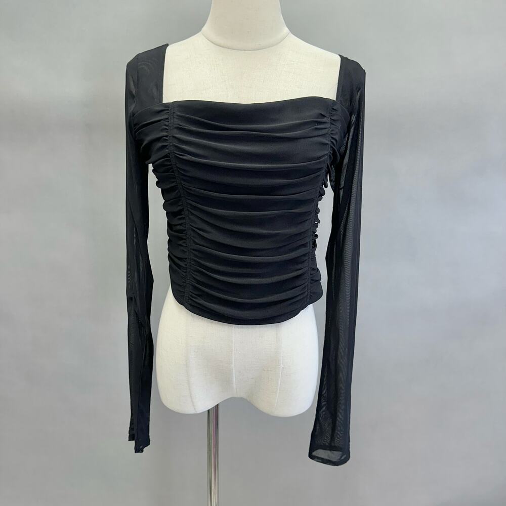 Abercrombie & Fitch black ruched mesh corset style long sleeve top size large